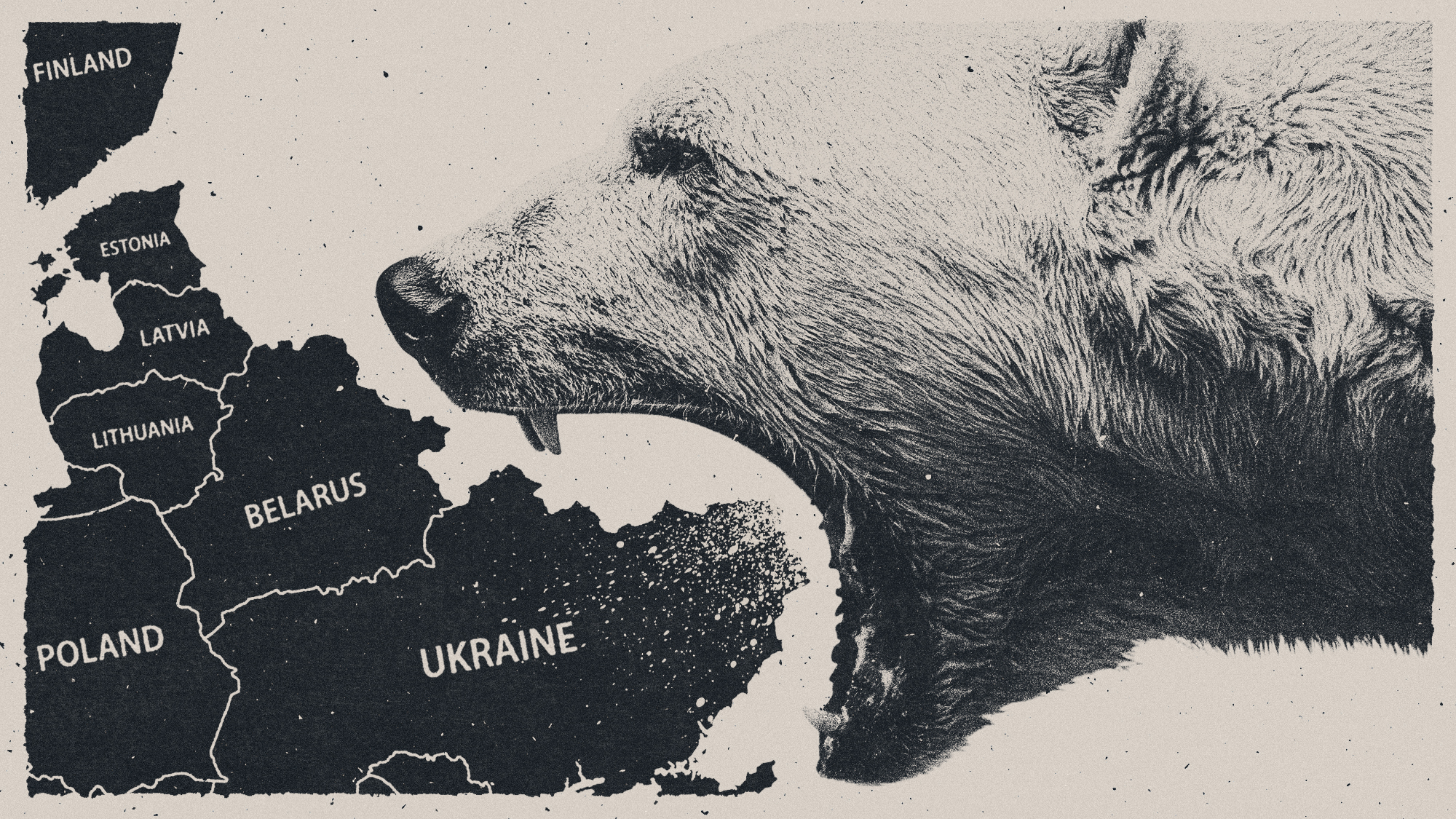 Illustration of a huge polar bear biting into a map of eastern Europe