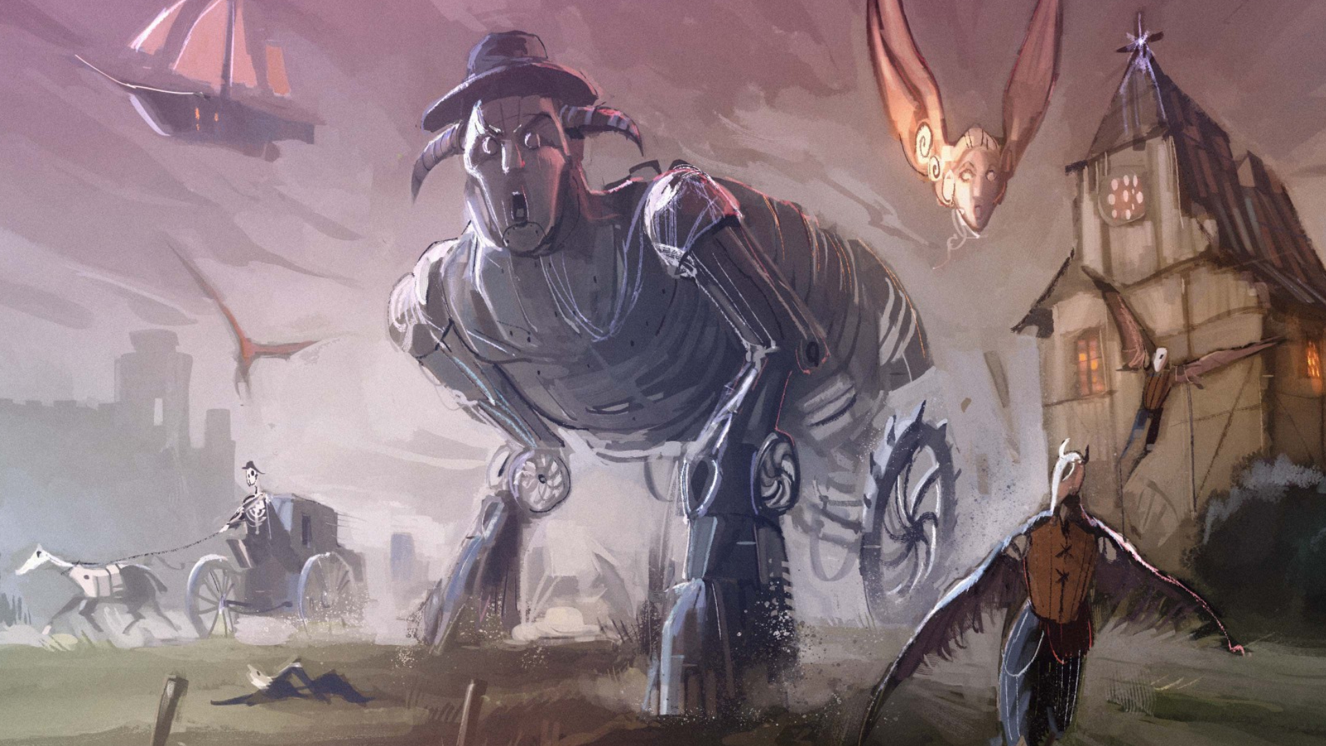 A mechanical titan rolls through the Hell of Nightmares in an illustration in Thousand Hells.