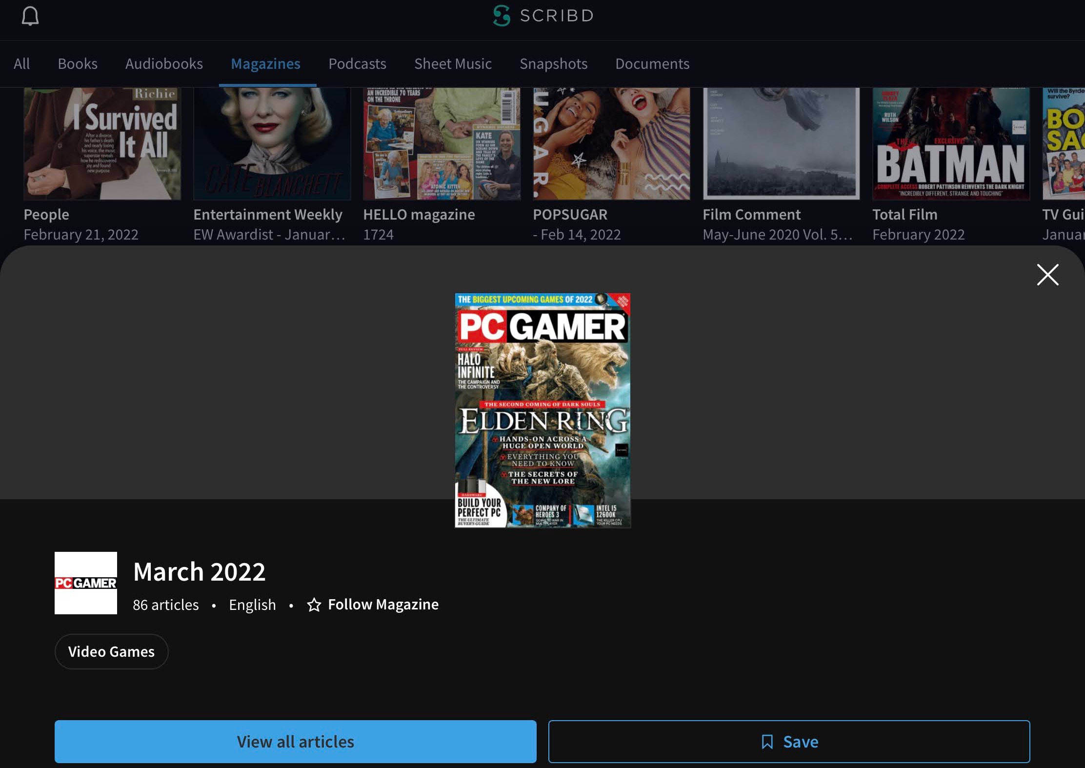 Scribd magazine interface on iPad