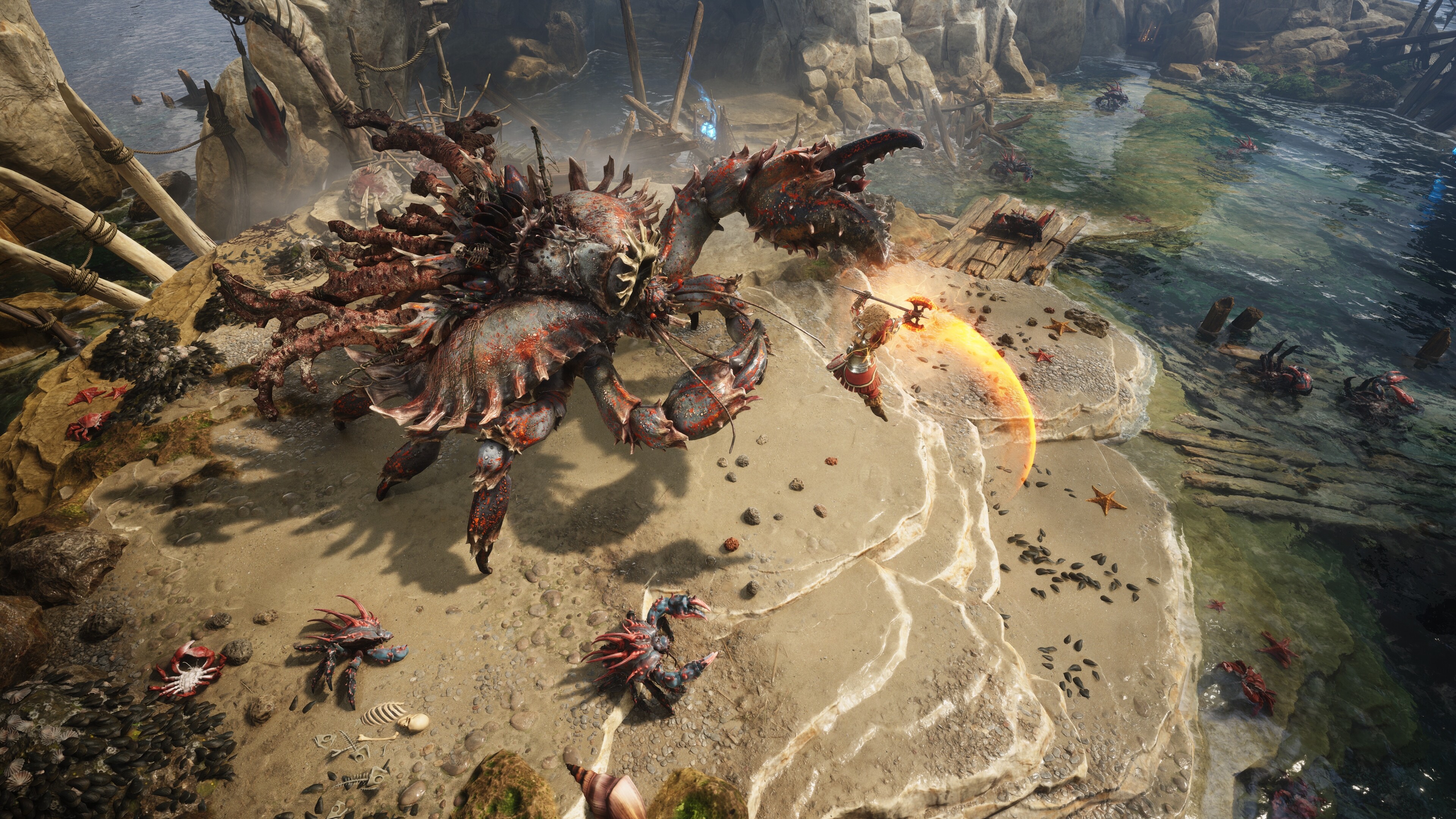 A Titan Quest 2 player leaps at a giant enemy crab with an axe.