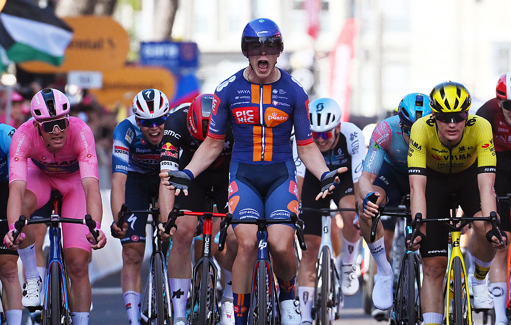 LECCE, ITALY - MAY 13: (L-R) Sam Bennett of Ireland and Team Decathlon AG2R La Mondiale, Mads Pedersen of Denmark and Team Lidl - Trek - Pink Leader Jersey, stage winner Casper Van Uden of Netherlands and Team Picnic PostNL and Olav Kooij of Netherlands and Team Visma | Lease a Bike sprint at finish line during the 108th Giro d'Italia 2025, Stage 4 a 189km stage from Alberobello, Pietramadre to Lecce / #UCIWT / on May 13, 2025 in Lecce, Italy. (Photo by Tim de Waele/Getty Images)