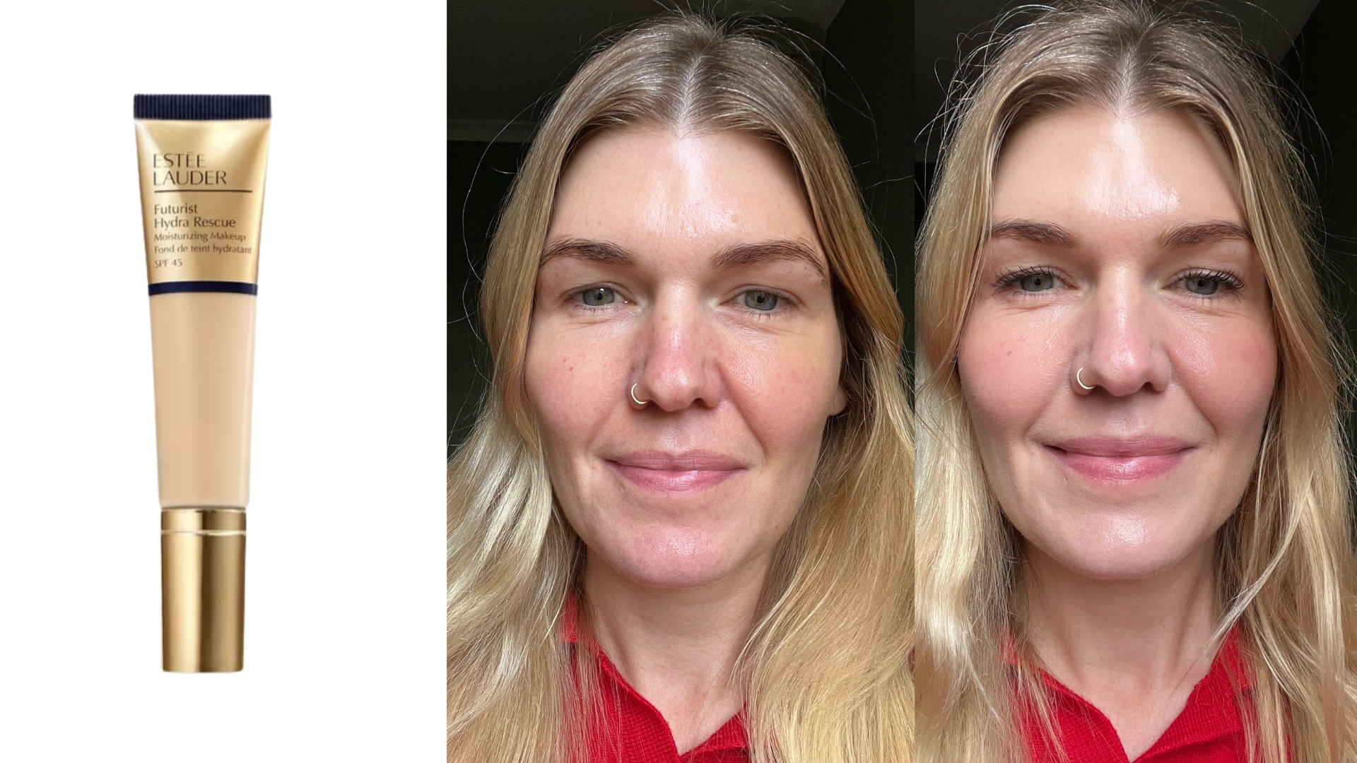 On the left is a product shot of the Est&amp;eacute;e Lauder Futurist Hydra Rescue Moisturising Foundation SPF 45 on a white background, followed by two before and after pictures showing Digital Beauty Editor, Fiona McKim without makeup and then wearing the Est&amp;eacute;e Lauder foudantion.