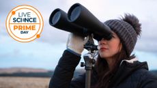 woman using the Celestron SkyMaster 15x70 binoculars on a tripod