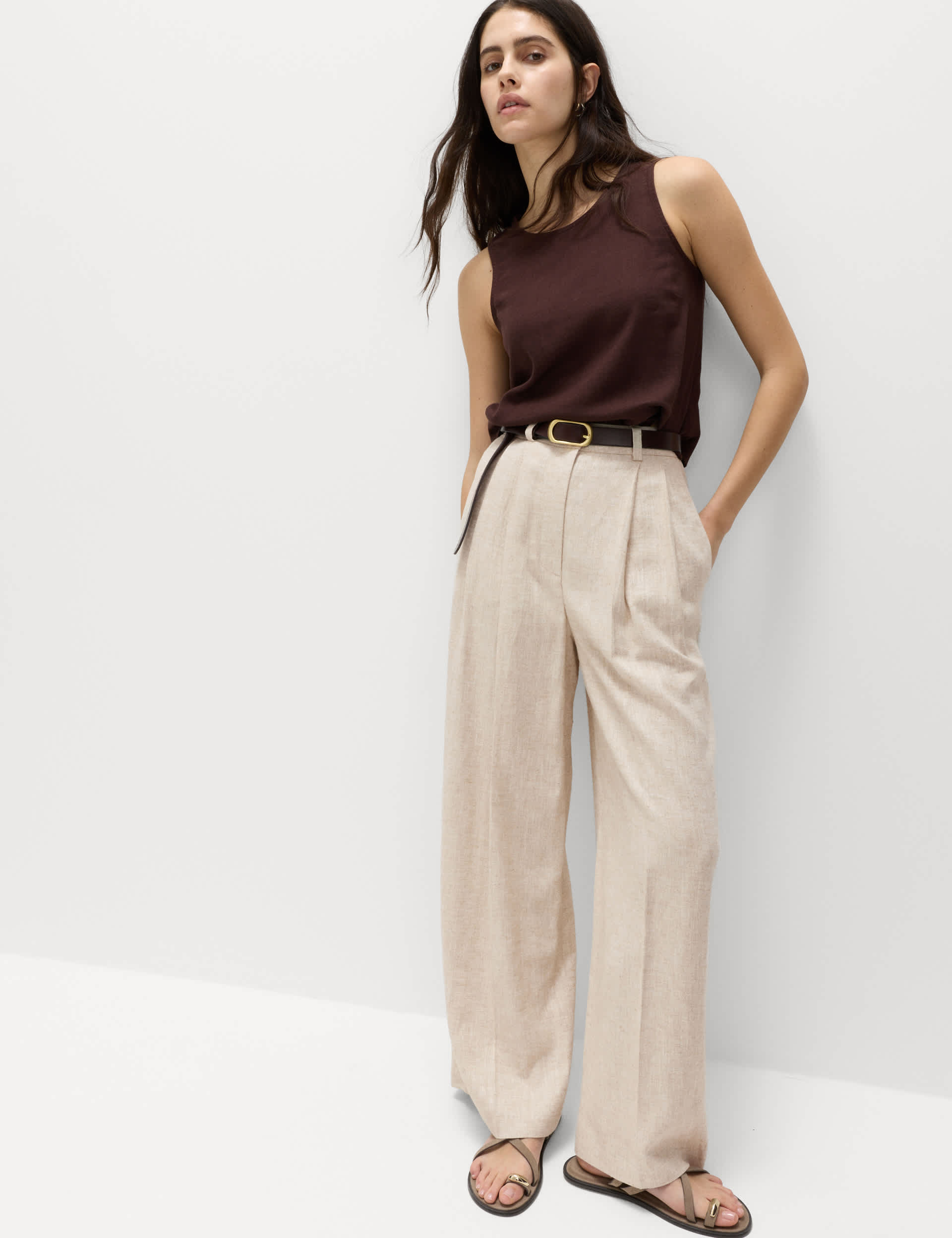 Linen Blend Pleat Front Wide Leg Trousers