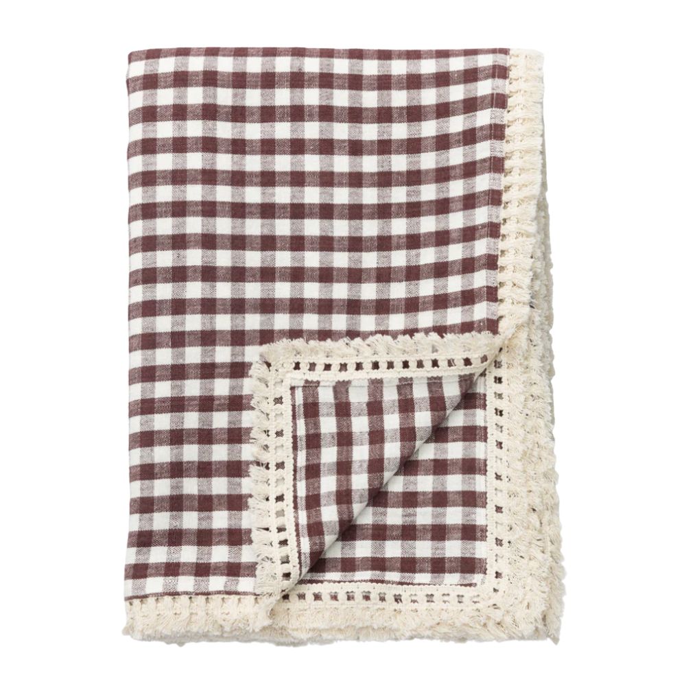 Brown gingham tablecloth with fringing