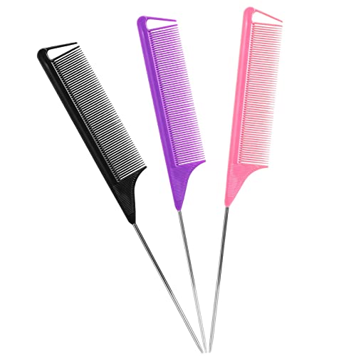 Rat Tail Combs Set: 3pcs Long Steel Pin Teasing Combs for Salon Hair Stylists, Metal Parting Combs for Women (purple, Black, Pink)