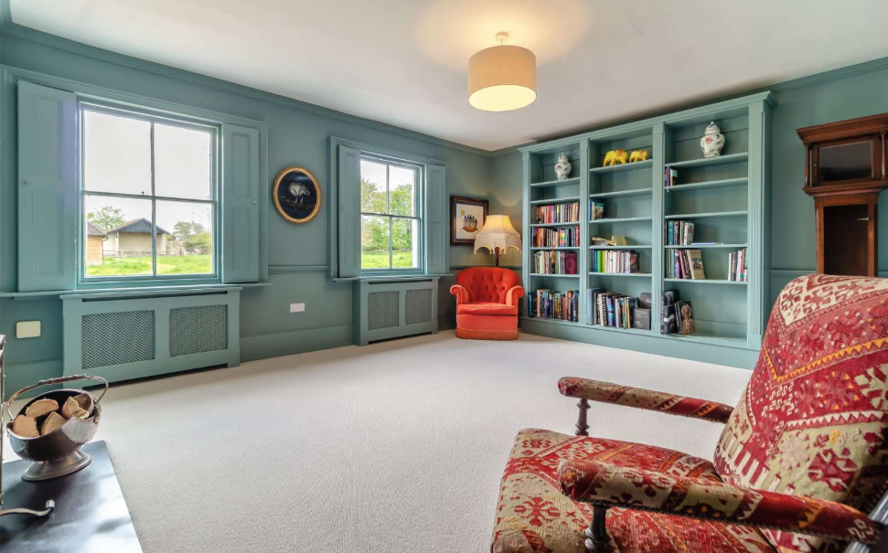 a duck-egg blue library