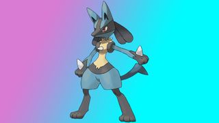 Lucario stands against a pink and blue gradient background