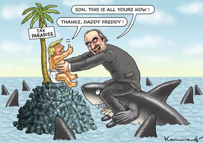 Political cartoon U.S. Trump dad Fred shark tax fraud