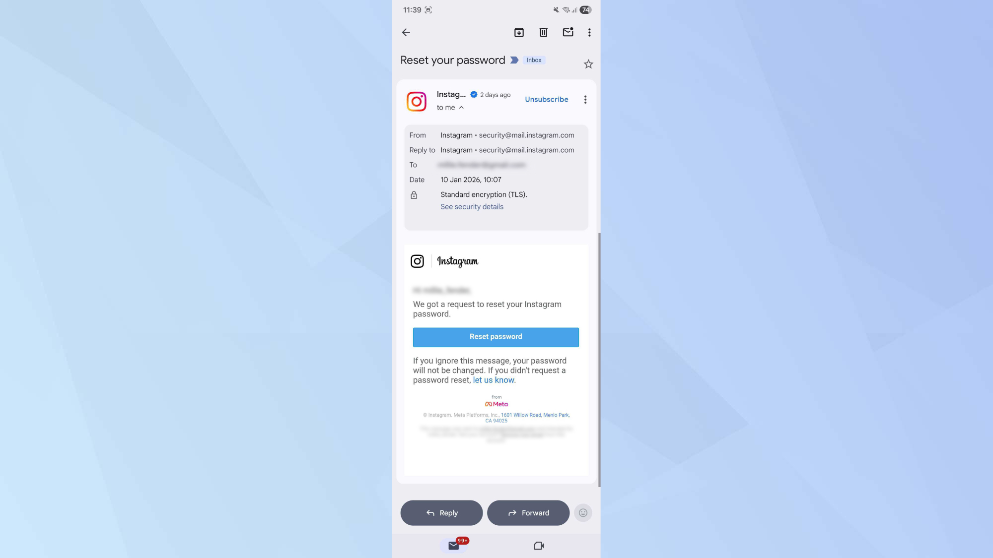 Instagram suspicious email