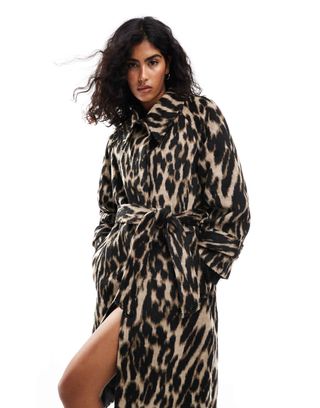 Asos Design Top Collar Longline Coat in Animal Print