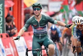 Team Alpecin&#039;s Kaden Groves celebrates crossing first the finish line of the stage 17 of the Vuelta a Espana, a 141,5 km race between Arnuero and Santander, on September 4, 2024. (Photo by Ander Gillenea / AFP)