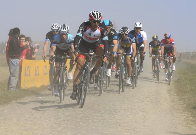 Marked man: Cancellara is followed by the rest of the favourites at Paris-Roubaix