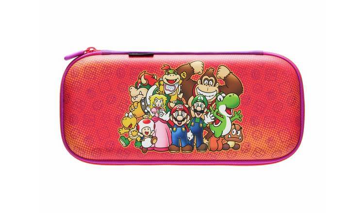 A Nintendo Switch carrying case featuring Mario characters including Yoshi, Donkey Kong, Luigi and more