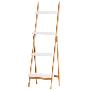 A white and wooden ladder shelf with 4 tiers