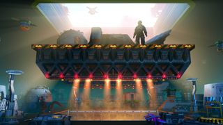 Key art for Substructure showing a silhouette of a character descending into a complex factory on an elevator