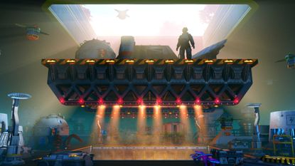 Key art for Substructure showing a silhouette of a character descending into a complex factory on an elevator