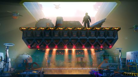 Key art for Substructure showing a silhouette of a character descending into a complex factory on an elevator