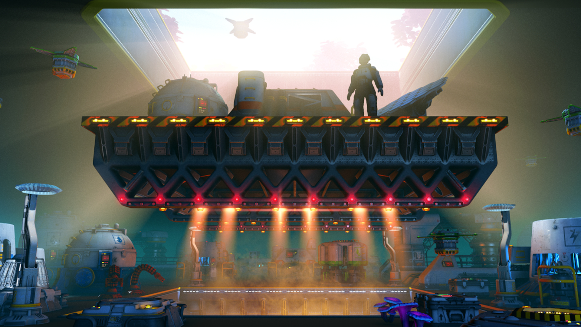 Key art for Substructure showing a silhouette of a character descending into a complex factory on an elevator