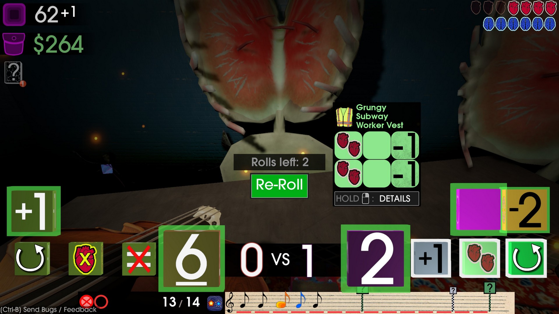 Facing down a venus flytrap in a dice battle in Moves of the Diamond Hand, while observing dice effects
