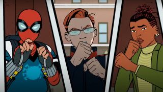 A screenshot of three characters wincing in Your Friendly Neighborhood Spider-Man