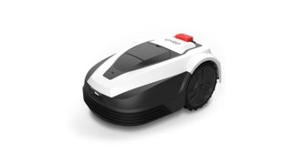 A side-on picture of Gtech's Robot Lawnmower RLM50. It has a black and white design