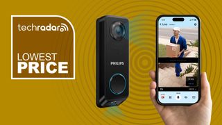 Video doorbell and hand holding smartphone on gold background with white text reading 'TechRadar lowest price'