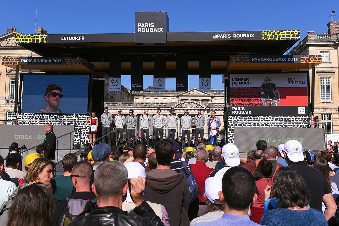 Orica-Scott, the team of defending champ Mat Hayman, at the Paris-Roubaix team presentation