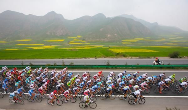 The peloton with beautiful background scenery