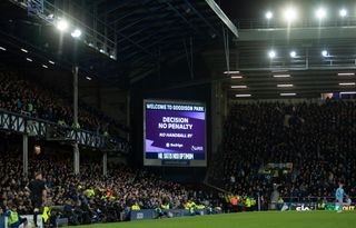 The electronic screen displays the VAR decision of no penalty against Rodri of Manchester City during the Premier League match between Everton and Manchester City at Goodison Park on February 26, 2022 in Liverpool, United Kingdom. (Photo by Visionhaus/Getty Images)