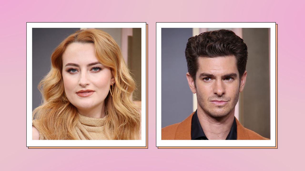 Amelia Dimoldenberg and Andrew Garfield pictured at the Golden Globes 2023/ in a pink and cream template