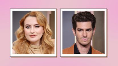 Amelia Dimoldenberg and Andrew Garfield pictured at the Golden Globes 2023/ in a pink and cream template