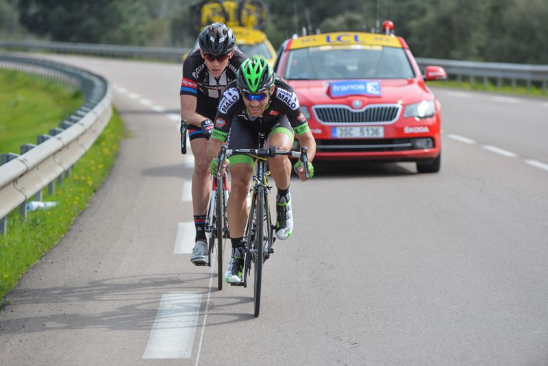 Romain Feillu (Bretagne-S&eacute;ch&eacute; Environnement) and Chad Haga (Giant-Alpecin) left behind their fellow escapees to go clear