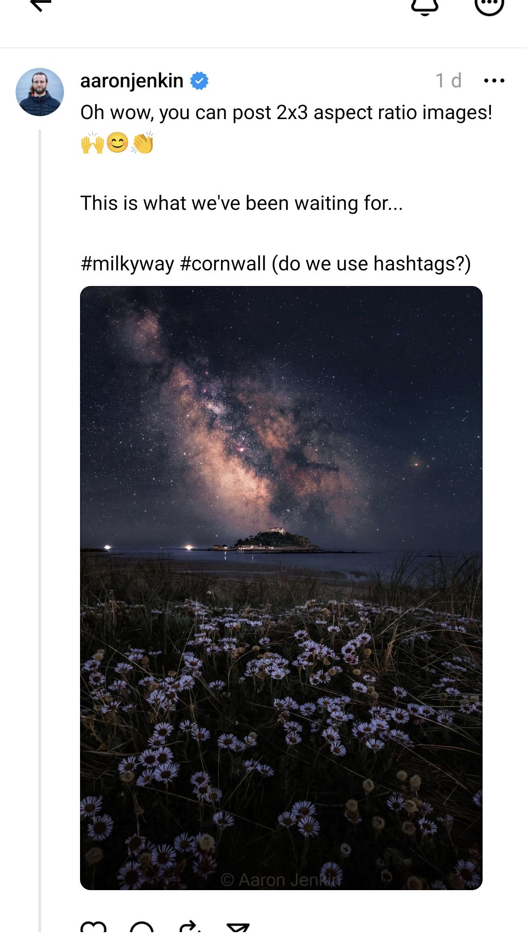 Threads app UI showing a photographer's reasons they like Threads together with portrait format image