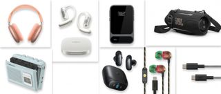 A selection of hi-fi products on a white background