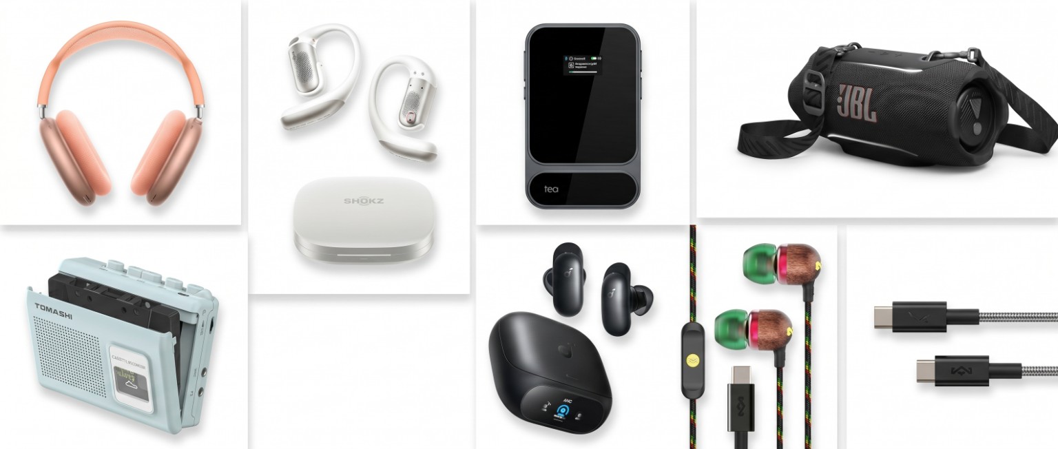 A selection of hi-fi products on a white background