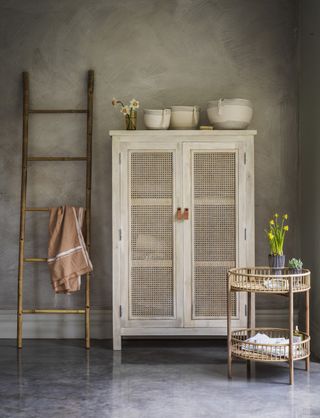 freestanding bathroom cabinet, with rattan storage and ladder with towel