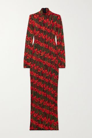 Open-Back Jacquard-Knit Turtleneck Maxi Dress