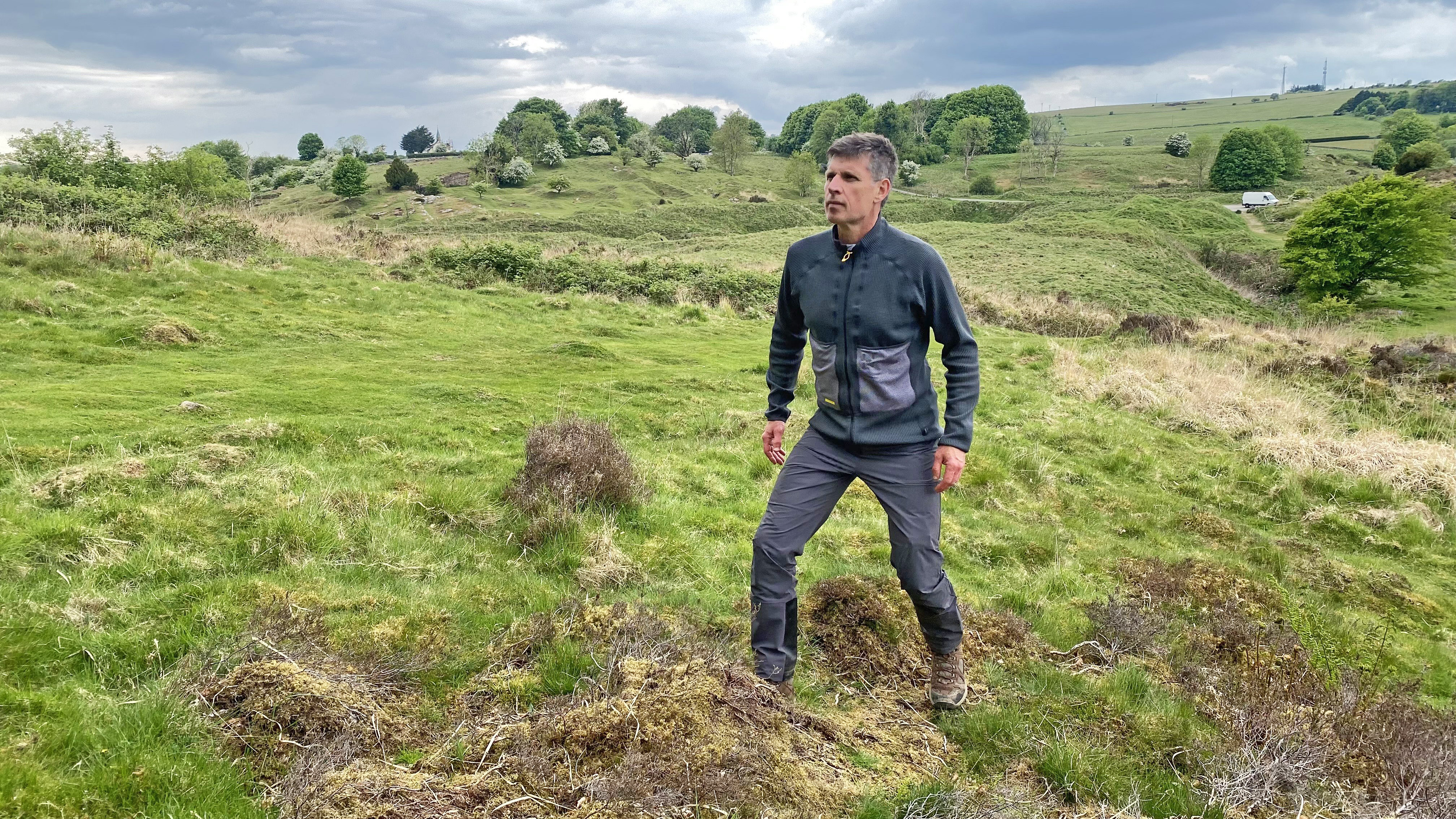 Hiker wearing the Haglofs LIM Flex pants during an approach in the Mendip Hills