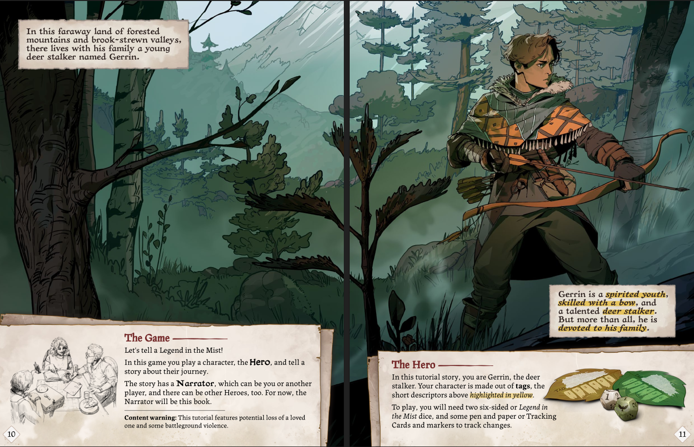 The introductory spread of the tutorial comic in Legend in the mist, showing the young hero Gerrin.