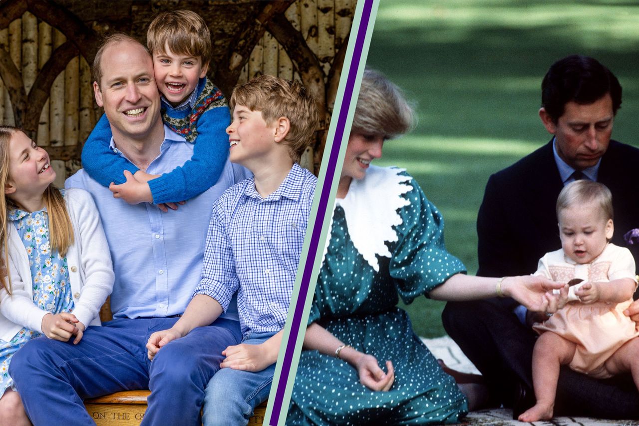 Prince William, Prince George, Princess Charlotte and Prince Louis pose for Father&#039;s Day snap, split layout with Prince and Princess of Wales tour of Australia and New Zealand in the Spring of 1983. Prince Charles and Princess Diana pose for press photographers at Government House, Wellington, New Zealand with baby Prince William.