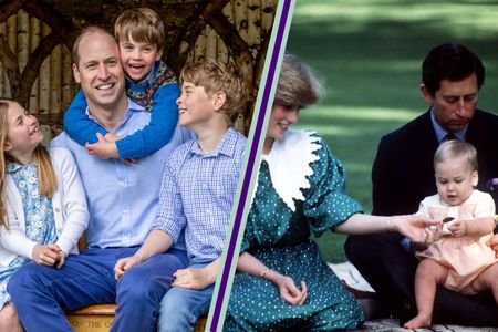 Prince William, Prince George, Princess Charlotte and Prince Louis pose for Father's Day snap, split layout with Prince and Princess of Wales tour of Australia and New Zealand in the Spring of 1983. Prince Charles and Princess Diana pose for press photographers at Government House, Wellington, New Zealand with baby Prince William.