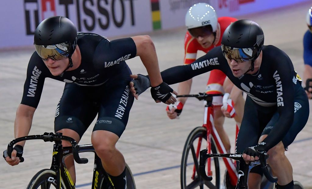 New Zealand&#039;s Aaron Gate and Campbell Stewart on their way to the silver medal in the Madison at the 2020 UCI Track World Championships in Berlin, Germany