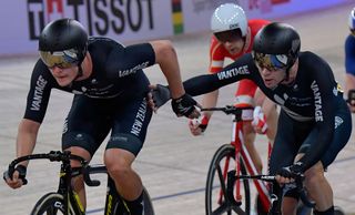 New Zealand's Aaron Gate and Campbell Stewart on their way to the silver medal in the Madison at the 2020 UCI Track World Championships in Berlin, Germany