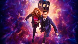 The Doctor and Donna in front of the TARDIS set against a nebula background for the Doctor Who 60th anniversary specials