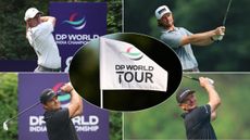Rory McIlroy, Tommy Fleetwood, Patrick Reed, Justin Rose and a white DP World Tour flag
