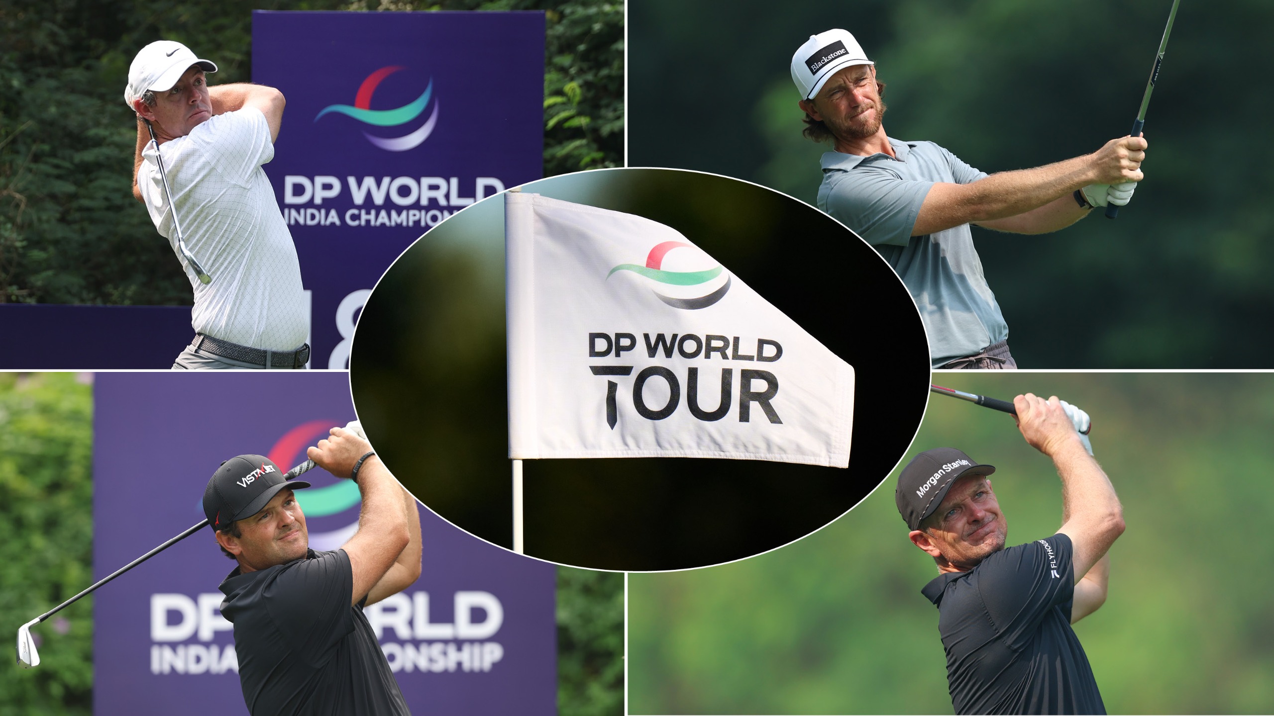 Rory McIlroy, Tommy Fleetwood, Patrick Reed, Justin Rose and a white DP World Tour flag