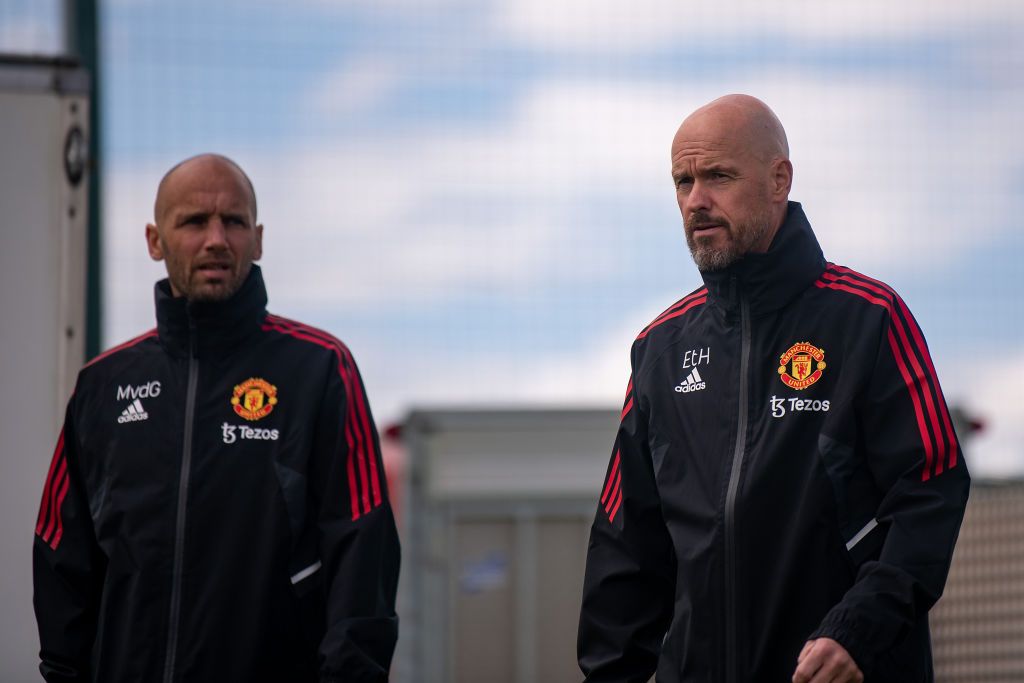 Manchester United coach Mitchell van der Gaag and manager Erik ten Hag in action during a first team training session at Carrington Training Ground on June 27, 2022 in Manchester, England.