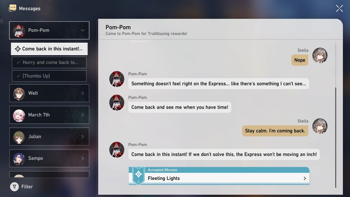 Honkai: Star Rail Fleeting Lights - Quest prompt from Pom-Pom