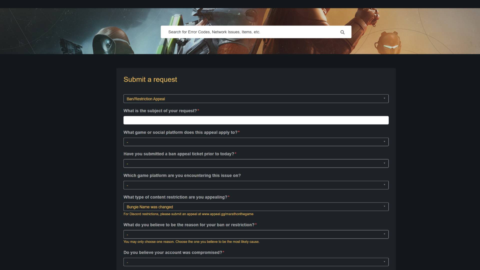 Marathon name change appeal on Bungie Help